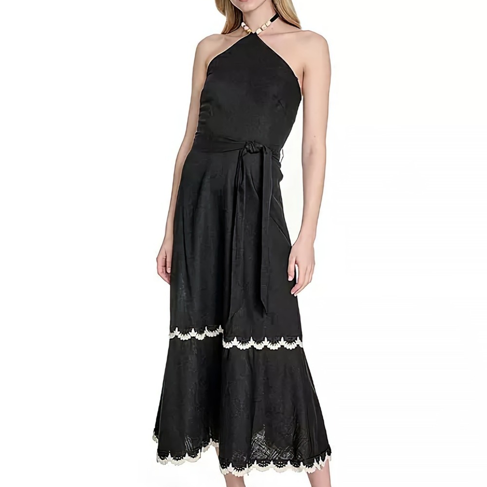 Eliza J Beaded Strap Contrast Trim Halter Midi Black Sleeveless Dress Womens 16
